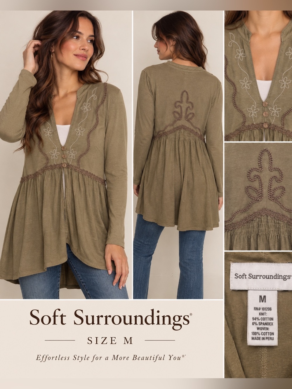 Soft Surroundings Olive Embroidered Peplum Tunic Top - Olive